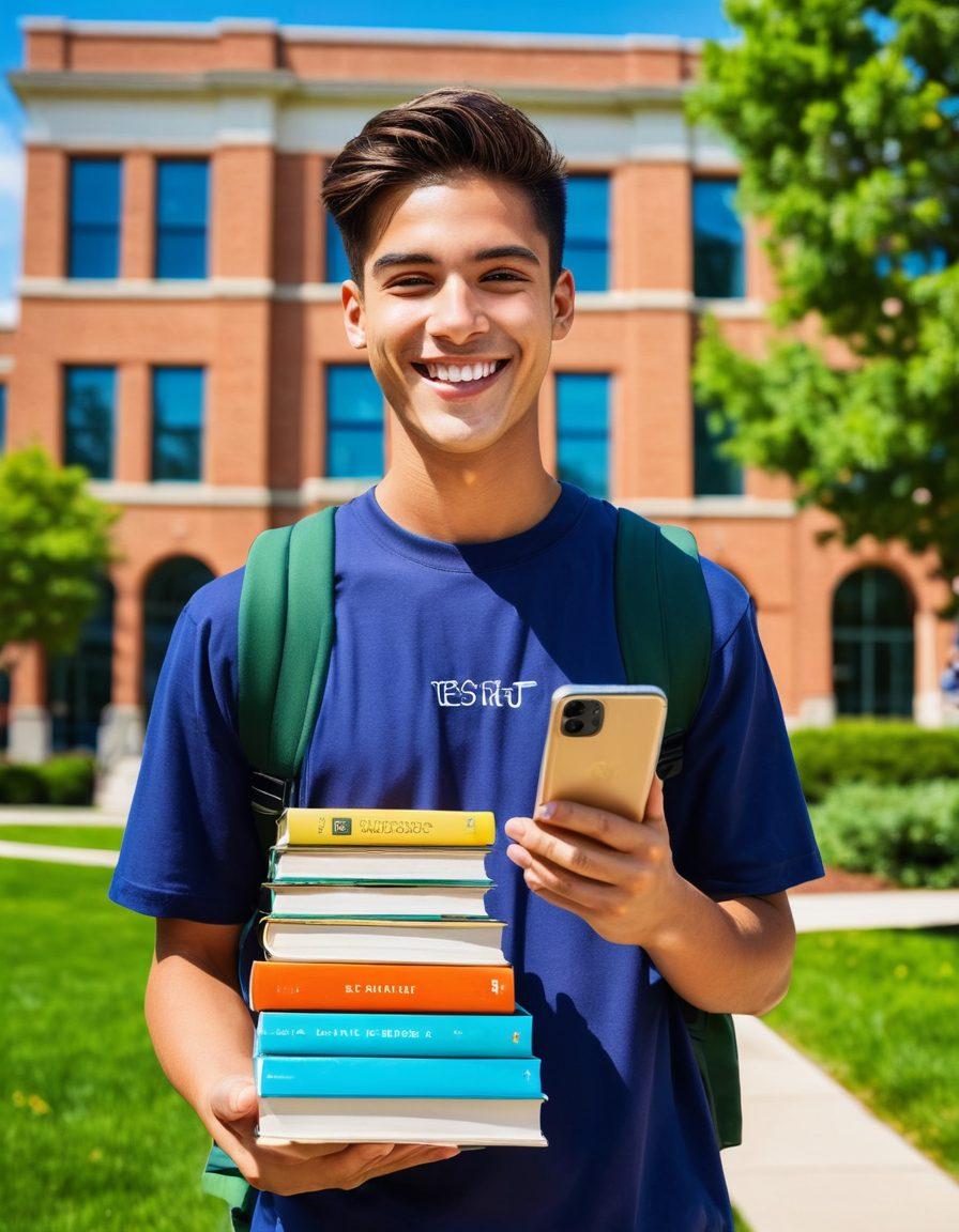 A cheerful student standing with a stack of textbooks, smiling while holding a smartphone displaying a successful resale app. In the background, a bright and inviting college campus filled with fellow students and lush greenery. Floating dollar signs and price tags to symbolize savings, with a clear blue sky above. The overall tone should convey excitement and ease in textbook resale. vibrant colors. 3D.