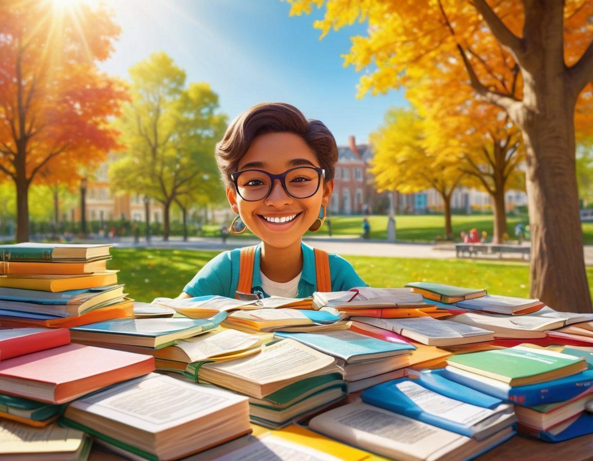 A bright and inviting scene depicting a cheerful person surrounded by colorful used textbooks, happily pricing them with cash notes nearby. The background features a sunny park with trees and friends exchanging books, emphasizing a friendly community atmosphere. Add playful, eye-catching labels like 'Cash for Books!' to enhance the theme. vibrant colors. cheerful cartoon style.